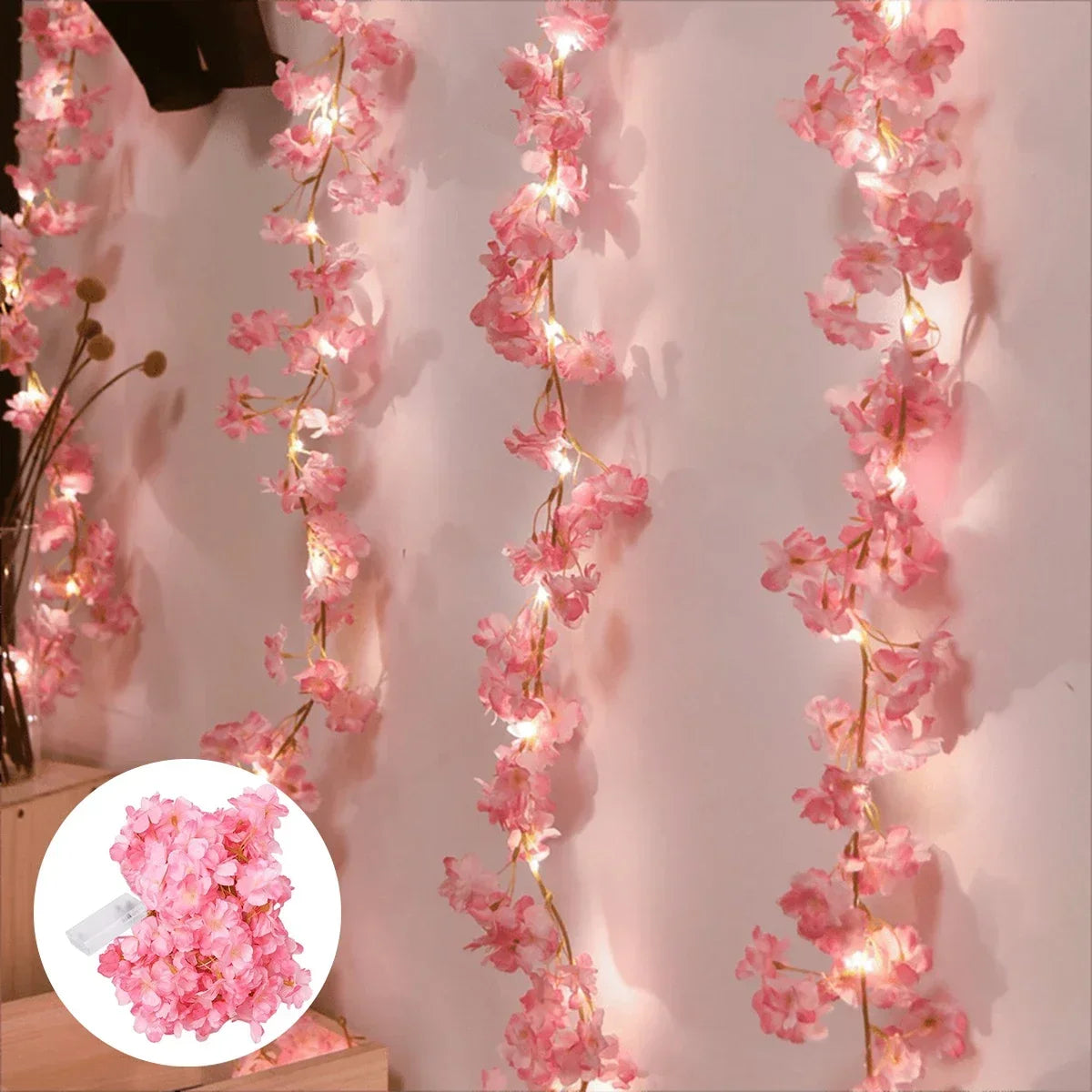 Cherry Blossom String Lights - 2M 20LED Artificial Flower Vine Garland for Weddings & Parties
