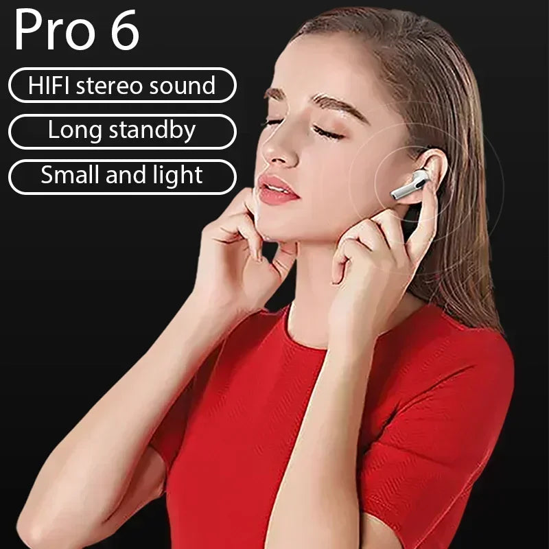 Pro 6 TWS Bluetooth Earphones – Wireless Noise Cancelling Headset with Mic, Pro6 Earbuds for iPhone