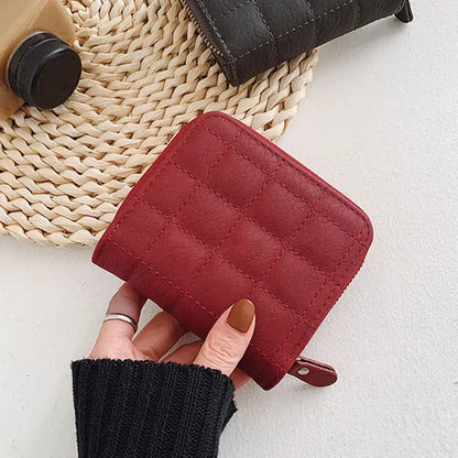 Women’s Small PU Leather Zipper Wallet with Coin Purse – Cute Plaid Mini Korean Card Holder, New Arrival