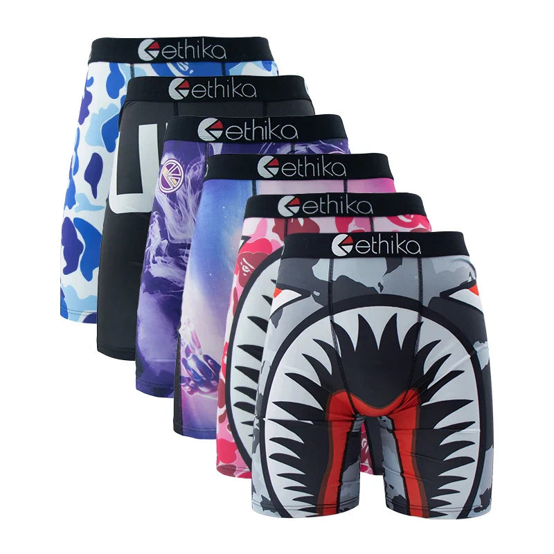 ETHIKA 6-Pack Men’s Boxer Briefs – Breathable Printed Underwear Trunks, Sexy Swim Underpants, Plus Size S–3XL Comfortable Boxers for Men