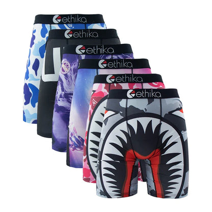 ETHIKA 6-Pack Men’s Boxer Briefs – Breathable Printed Underwear Trunks, Sexy Swim Underpants, Plus Size S–3XL Comfortable Boxers for Men