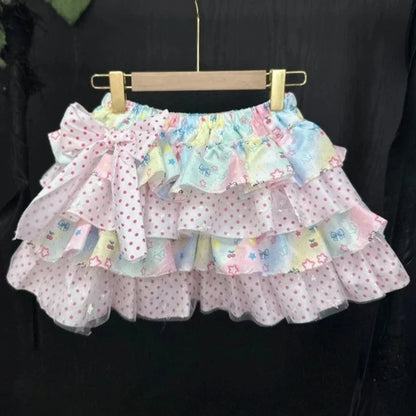 Japanese Kawaii Polka Dot Skirt - Y2K Bow Print Mini Skirt with Puffy Lolita Style