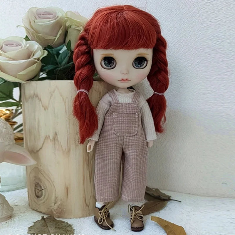 Casual Blythe Doll Clothes – Romper, Plaid Pants & Long Sleeve Top for Licca, Azone, OB24/OB27 Dolls
