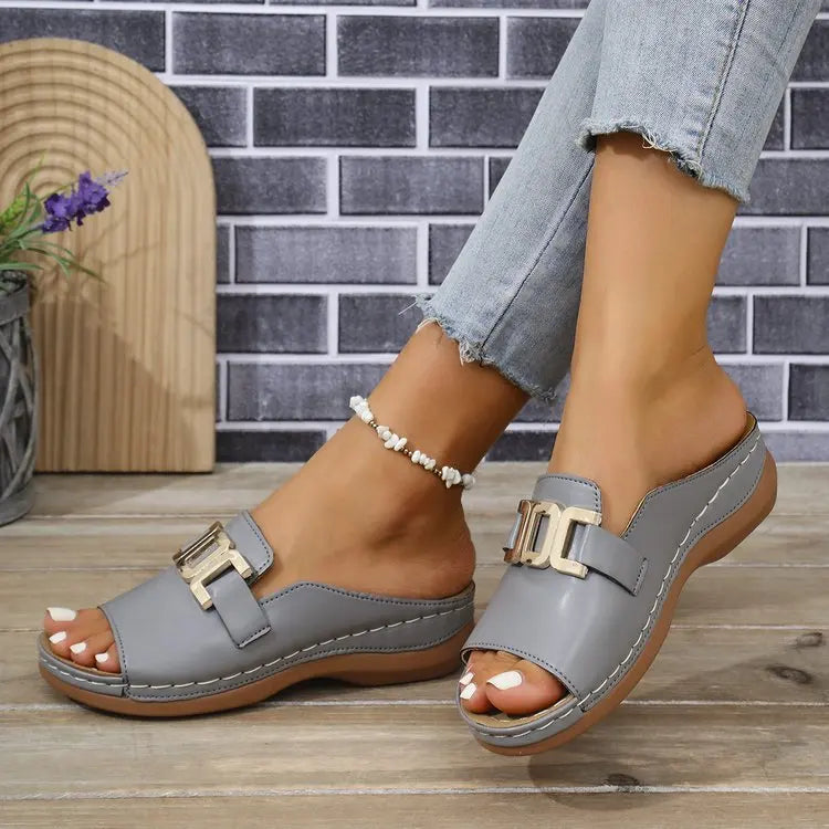 Women’s Thick Sole Fashion Sandals – Casual Summer Fish Mouth Slippers with Metal Buckle, Plus Size Comfort Slides
