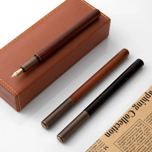 Luxury Retro Wood & Bronze Fountain Pen – 0.5mm Calligraphy Ink Pen for Office, Business & Gift Stationery