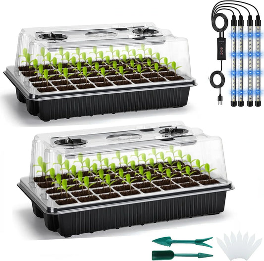2-Pack 80-Cell Seed Germination Tray Set — High-Dome Seed Starter Kit with 4 LED Grow Lights & Intelligent Timer
