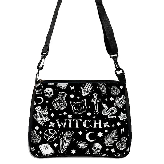 Gothic Cat Printed Shoulder Bag - Halloween Fabric Crossbody Purse, Versatile Small Square Handbag for Women