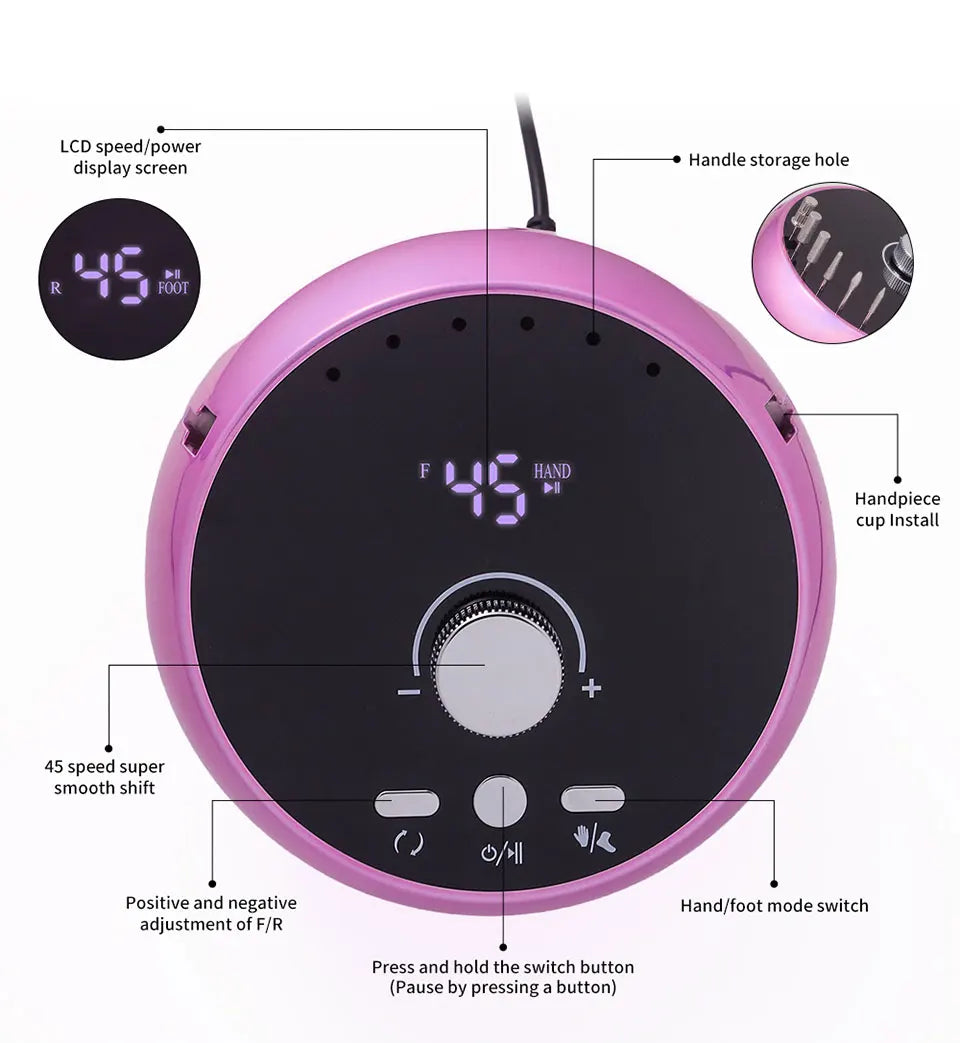 Professional 45000RPM Electric Nail Drill Machine – Manicure Sander for Gel & Cuticle Removal, White/Pink/Purple
