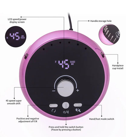 Professional 45000RPM Electric Nail Drill Machine – Manicure Sander for Gel & Cuticle Removal, White/Pink/Purple