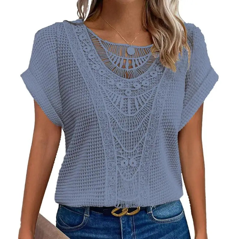 Women’s Lace Stitching T-Shirt – Casual Summer Short Sleeve Round Neck Loose Fit Top for Office & Everyday Wear