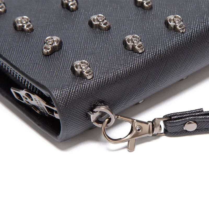 Women's Gothic Skull Head Long Wallet – Black Handheld Mobile Wallet with Wrist Strap & Card Clip