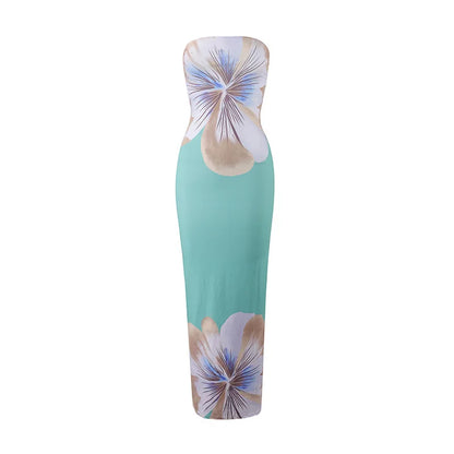 Women’s Floral Strapless Maxi Dress - High Waist Slim Fit Summer Vacation & Evening Party Dress
