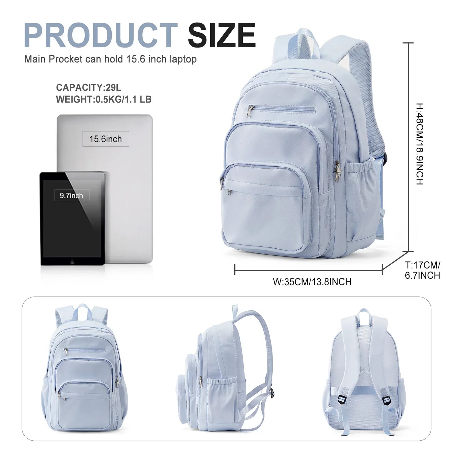 Light Blue Casual Nylon Backpack for Women – Multi-Pocket Durable School, College & Travel Bookbag with Spacious Design