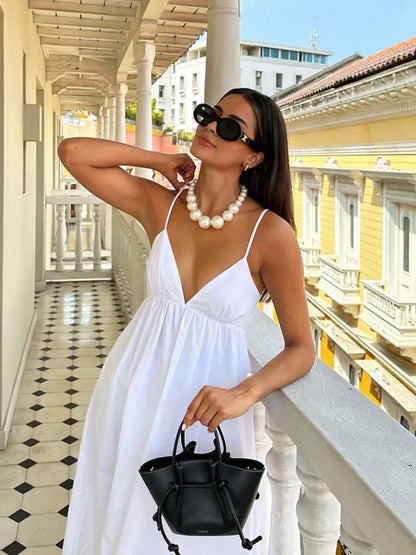 Summer Seduction: Sleeveless V Neck Midi Dress - Sexy Backless Style,  Fashion for Women, Casual Loose Beach Holiday White Long Dress