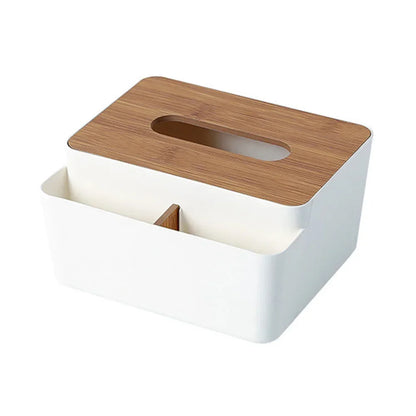 Wooden Tabletop Tissue Box & Storage Organizer – Desktop Holder for Tissue, Remote & Towels
