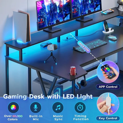 70.8'' Gaming Desk with LED Lights – Computer Desk with Storage Shelves, Monitor Stand, Power Outlets & Cup Holder