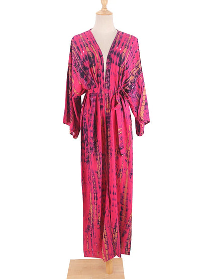 Tie-Dye Bikini Cover Up Kimono – Bohemian Beach Swimsuit Cape Pareo Dress with Belted Wrap Style Summer Swimwear Cover-Up