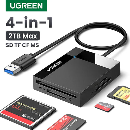 UGREEN 4-in-1 USB 3.0/USB-C Card Reader – SD, Micro SD, TF, CF, MS OTG Adapter for Laptop & PC