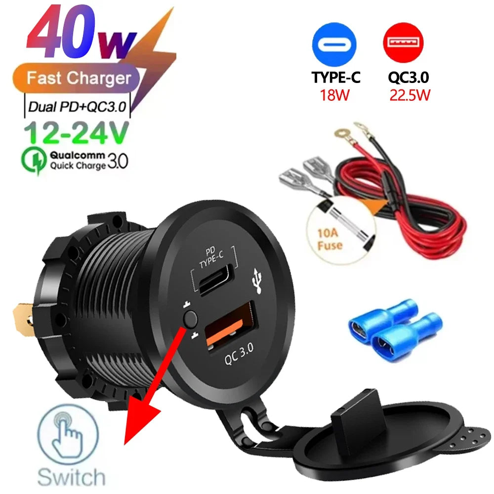 USB Car Charger 12/24V - Dual Socket PD3.0 & QC3.0 Fast Charging Station with LED Voltmeter Switch