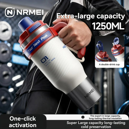 1250ml Stainless Steel Ceramic Tumbler - Large Insulated Water Bottle with Straw for Cold Drinks & Travel