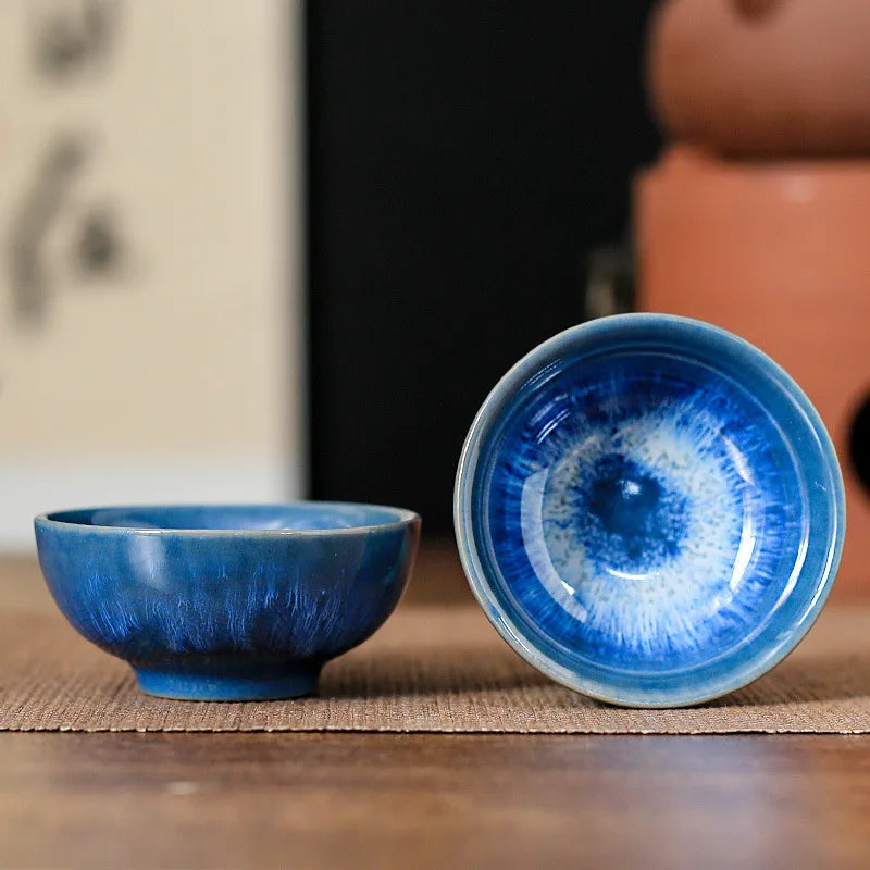 45ml Household Ceramic Teacup – Kiln Change Satin Blue Master Cup for Tea Tasting & Jianzhan Teahouse Teaware