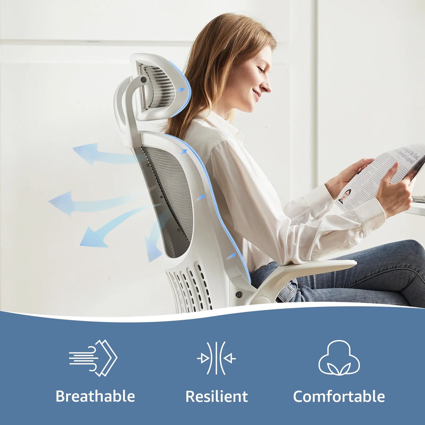 Mesh Ergonomic Office Chair – Adjustable Headrest, Flip-Up Arms, Comfortable Lumbar Support for Home & Office