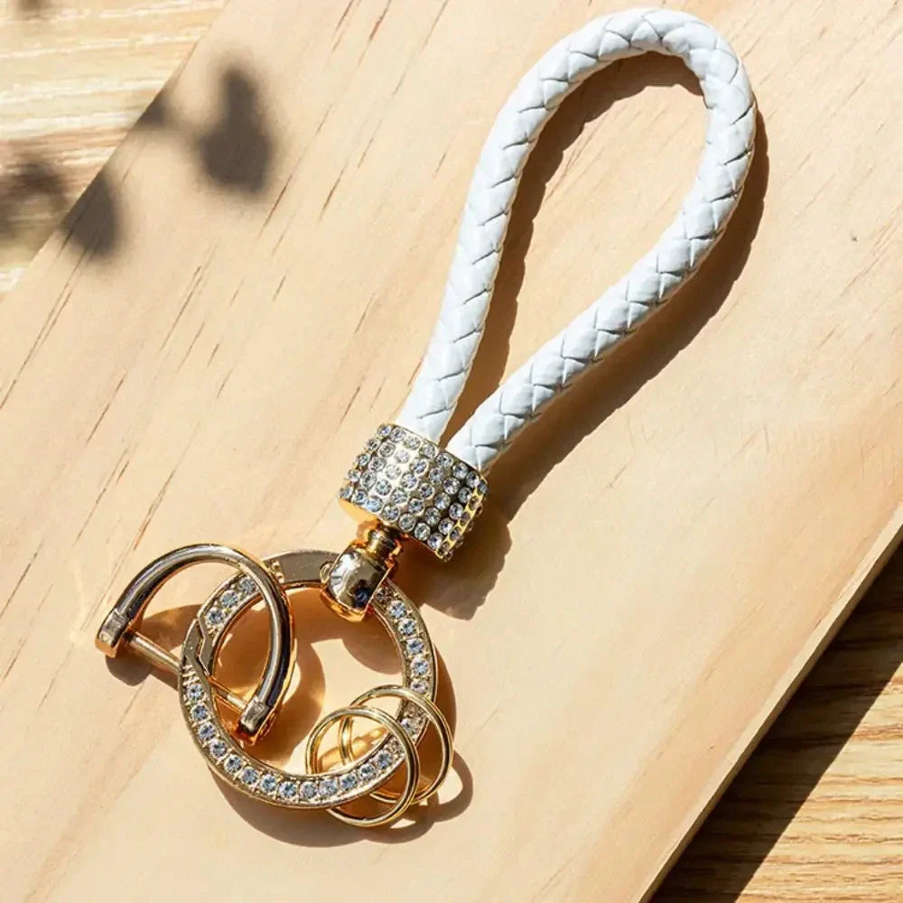 Handcrafted Braided Rope Keychain – Sparkling Rhinestone Car Key Ring, Stylish Monochrome Fashion Accessory