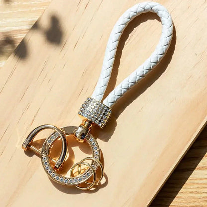 Handcrafted Braided Rope Keychain – Sparkling Rhinestone Car Key Ring, Stylish Monochrome Fashion Accessory