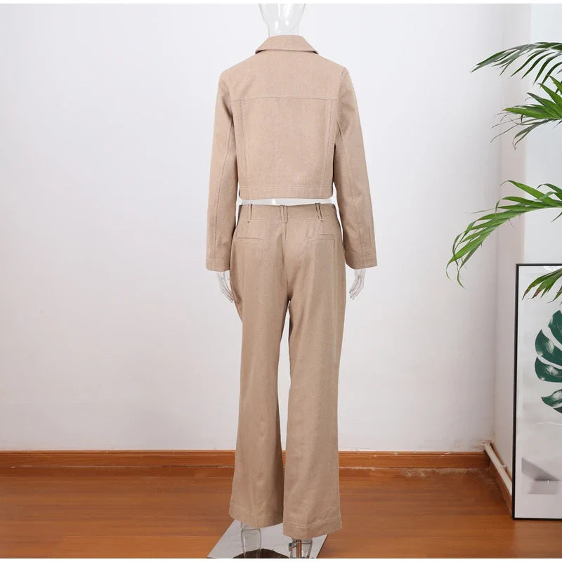 Women’s Cotton Linen Trousers Set — Casual Lapel Crop Top & Straight Pants Streetwear Spring Autumn Outfit