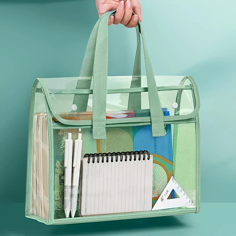 Large Capacity Transparent Waterproof Portable Folder – Expandable PVC Handheld File Storage Bag with Self-Adhesive Design