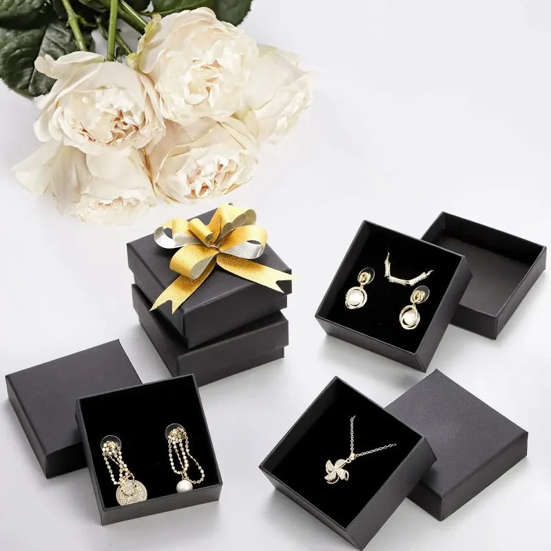 32PCS Black Kraft Jewelry Gift Boxes — 7x7x2.5cm Cardboard Ring, Necklace & Earring Organizer with Sponge Insert