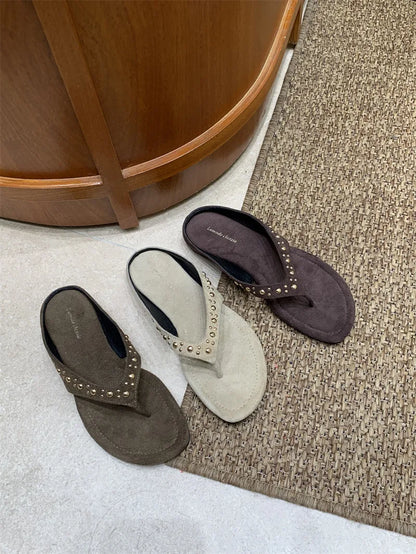 Women’s Studded Flip Flops - Suede Thong Sandals with Rivets for Casual Summer Beach Wear