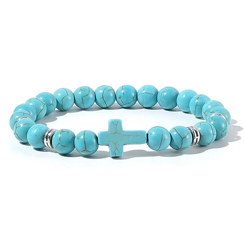 Natural Stone & Wood Bead Rosary Bracelet - Hematite Cross Meditation & Yoga Jewelry for Men & Women