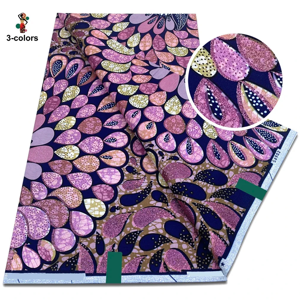 African Glitter Wax Print Fabric - 6 Yards Soft Cotton Ankara Golden Glitter Fabric