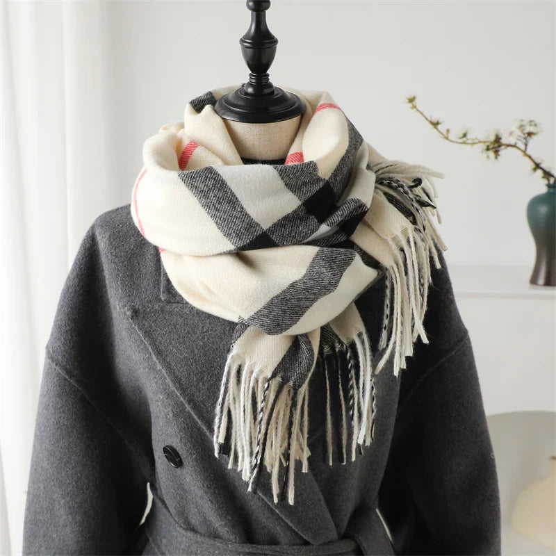Luxury Brand Winter Plaid Cashmere-Like Blanket Scarf - Thick Warm Pashmina Shawl Wrap with Tassels, Poncho Stoles Echarpe