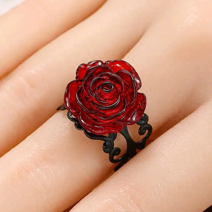 Punk Gothic Red Rose Ring - Vintage Black Vine Witch-Inspired Halloween Party Jewelry & Gift