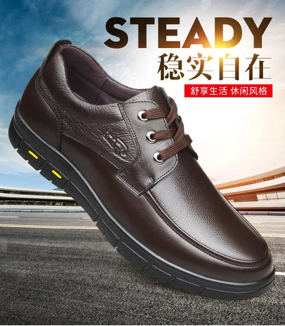 Men's Genuine Leather Casual Shoes - Soft Sole Lace-Up Loafers, Luxury Brand for Middle-Aged & Older Adults, Lightweight Dad Shoes