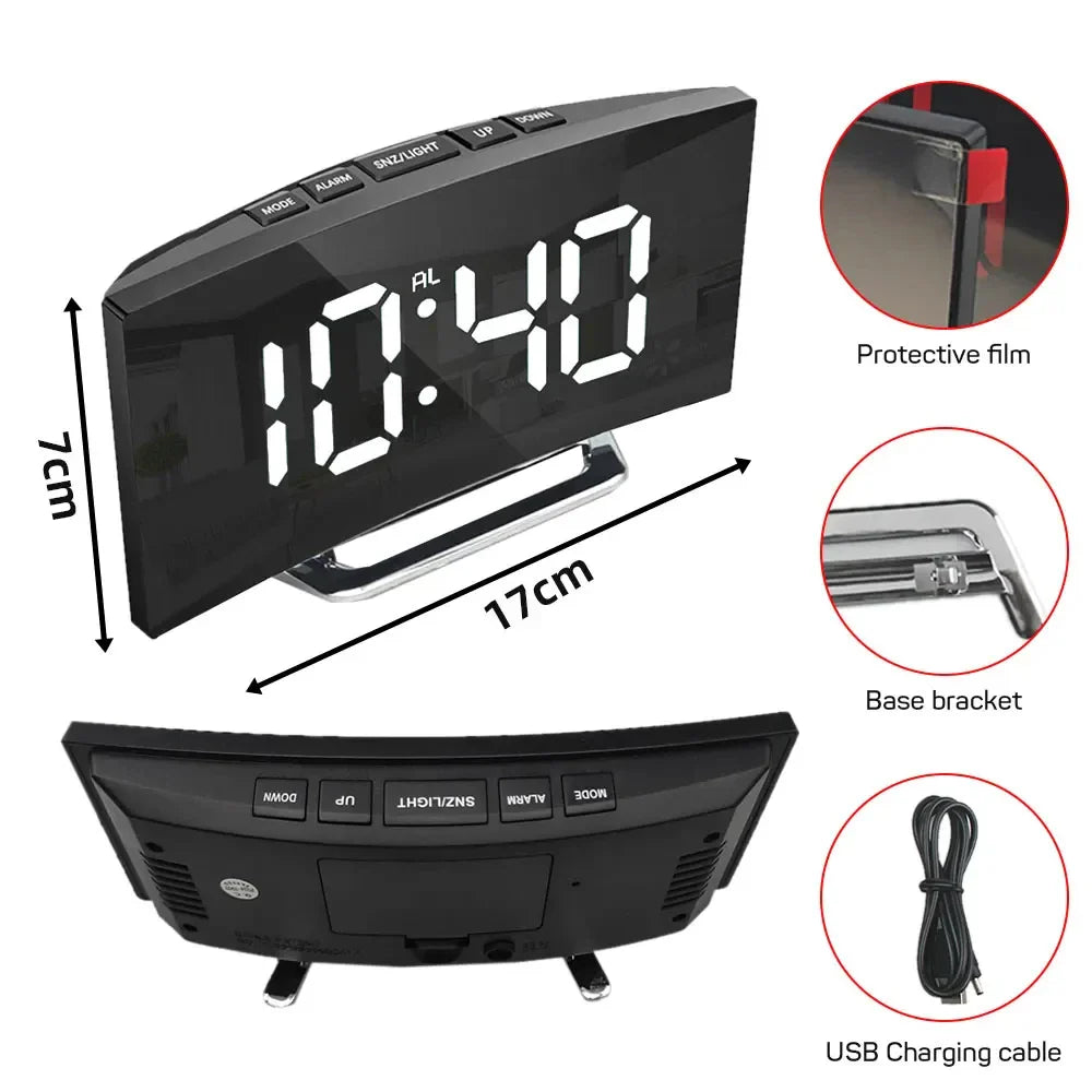 Noiseless LED Mirror Alarm Clock — Large Digital Display Silent Electronic Clock