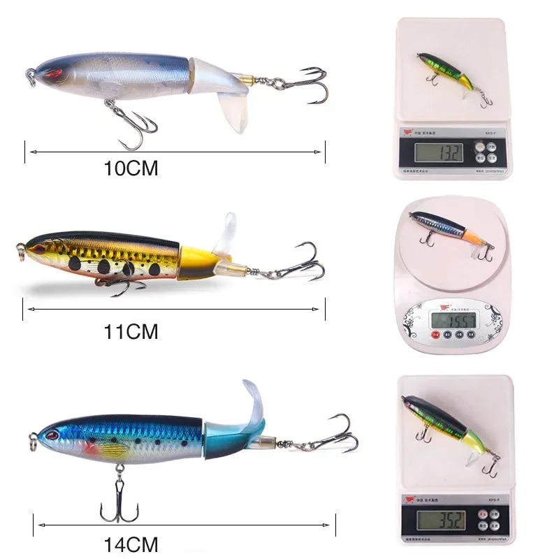10cm/14cm Topwater Fishing Lure Whopper Popper - Artificial Bait with Hard Plopper and Soft Rotating Tail, Fishing Tackle