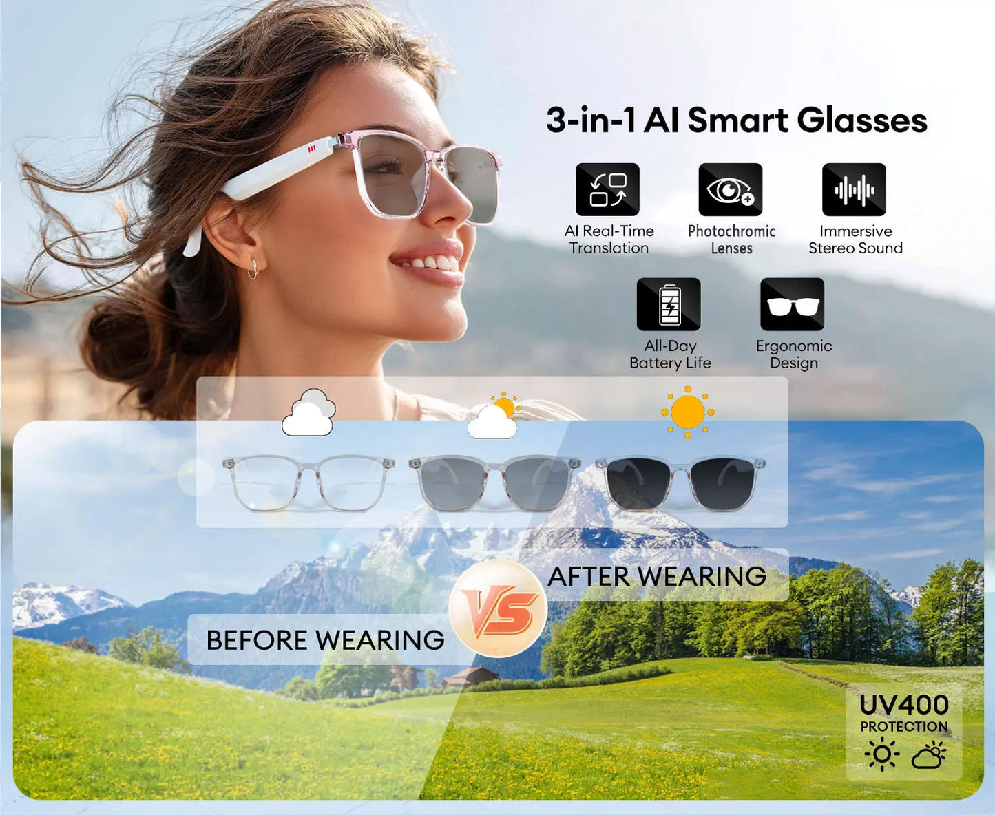 Smart AI Translation Glasses – Real-Time Audio Translation in 160+ Languages with Light-Sensitive Color-Changing Lenses