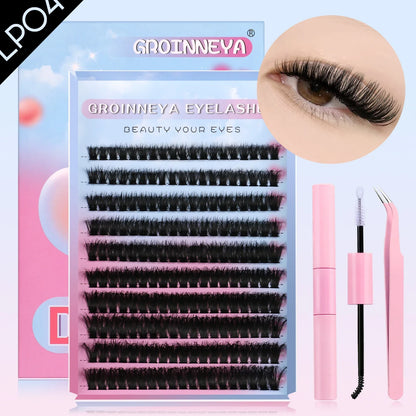 GROINNEYA DIY Mixed Lash Clusters Set – Fluffy Individual Lash Extensions Kit with Bond & Seal for At-Home Makeup