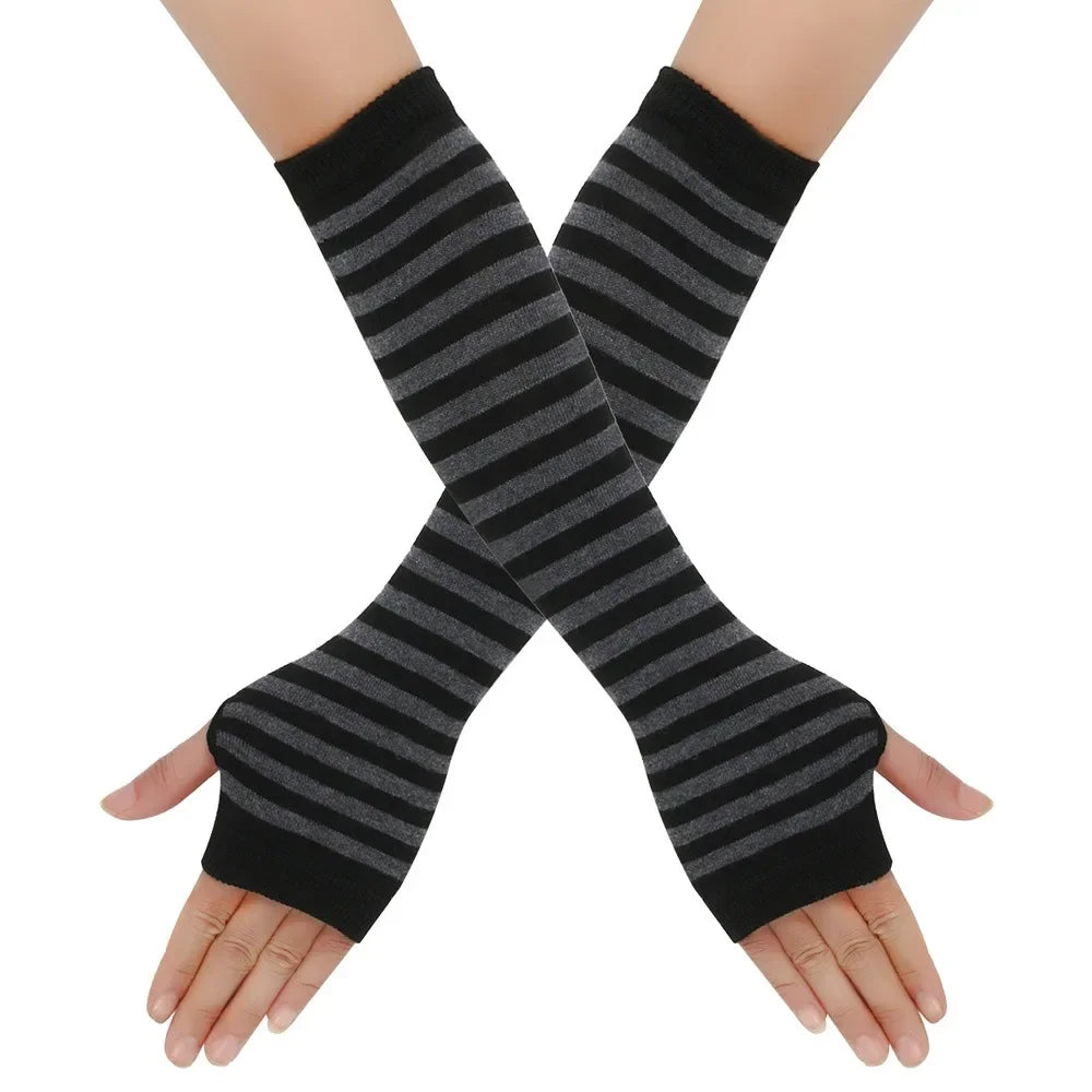 Warm Knitted Long Fingerless Gloves – Striped Elbow Mittens for Women, Fashion Christmas Gift
