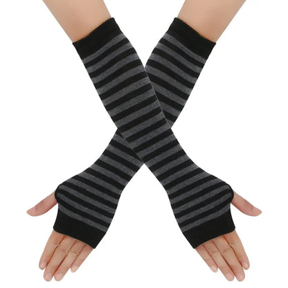 Warm Knitted Long Fingerless Gloves – Striped Elbow Mittens for Women, Fashion Christmas Gift