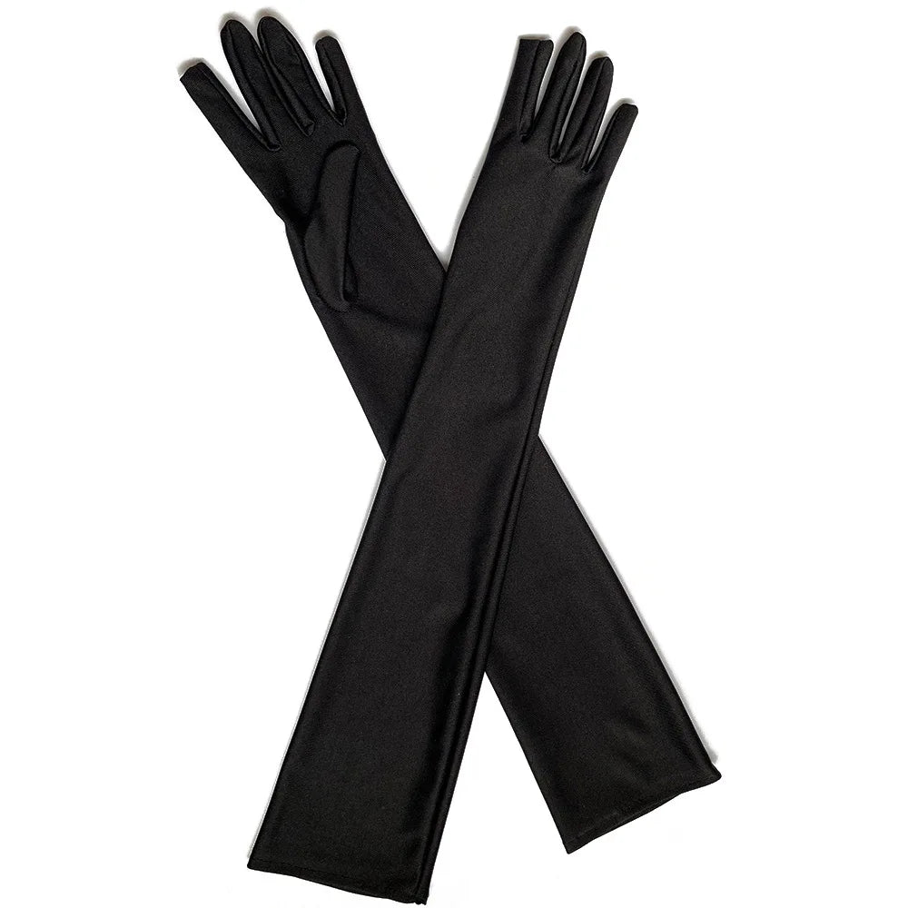 Classic Satin Long Stretch Gloves for Women – Opera, Elbow & Wrist Length Costume Gloves in Black, White, Red & Grey for Parties & Flapper Style