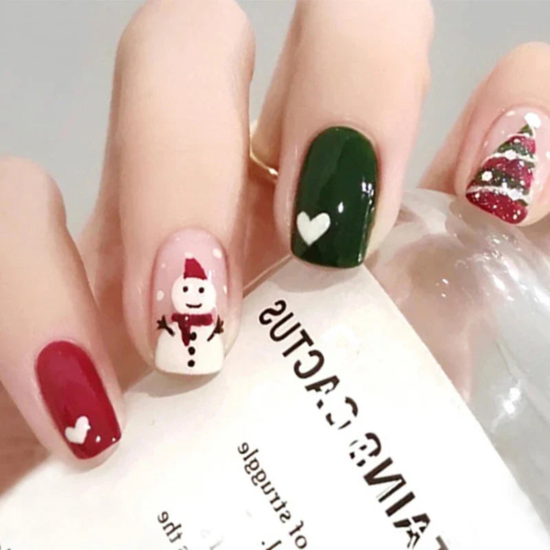 Medium Long Christmas Fake Nails – Square & Almond Tips with Tree, Snowflake & Snowman Designs
