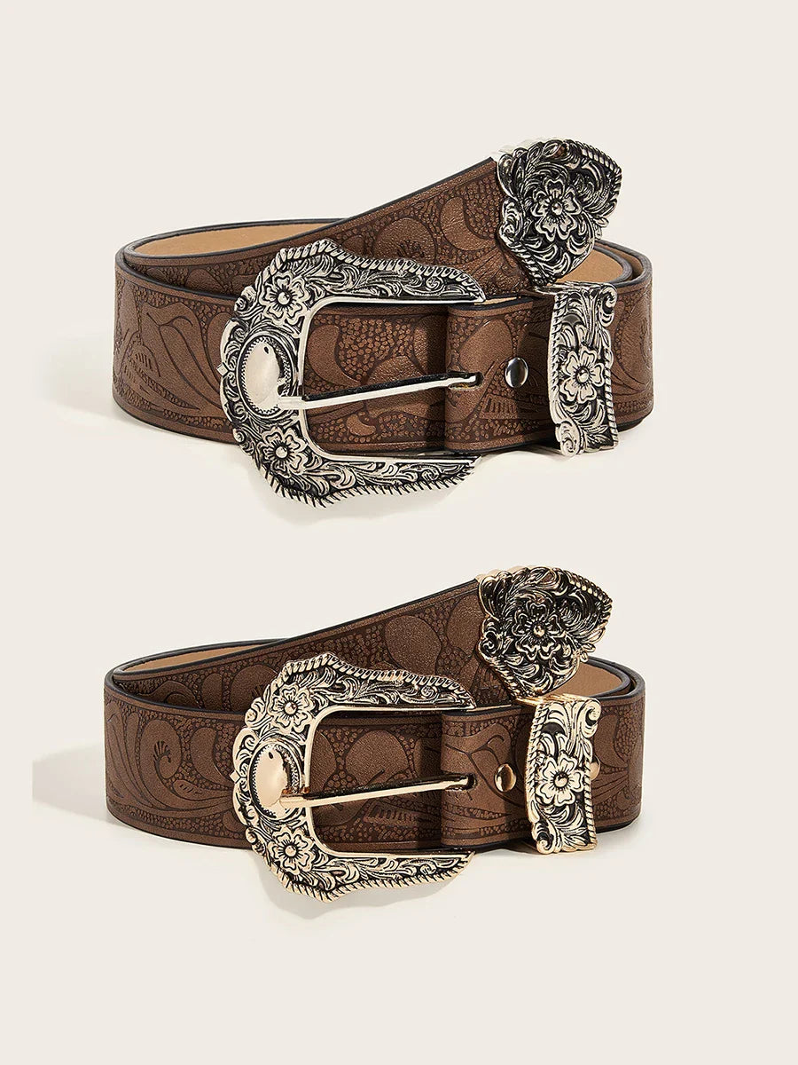 Western Brown PU Leather Vintage Belt for Women — Cowgirl Waist Belt with Metal Carved Buckle, 3-Set Designer Belts for Jeans