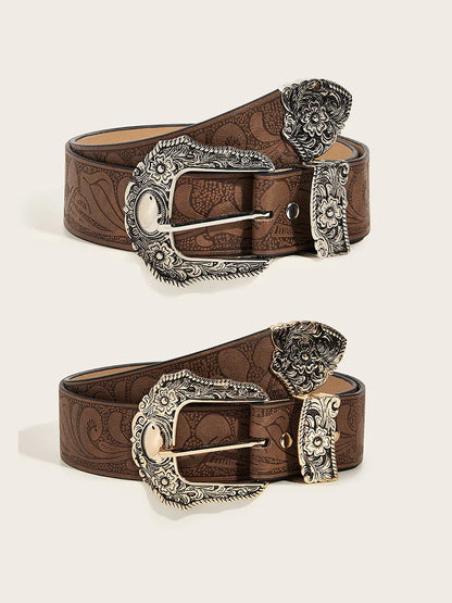 Western Brown PU Leather Vintage Belt for Women — Cowgirl Waist Belt with Metal Carved Buckle, 3-Set Designer Belts for Jeans