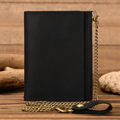 Men's Genuine Leather Short Wallet with Chain – Zipper Clutch, Trifold Purse, Card Holder & Coin Purse for Men