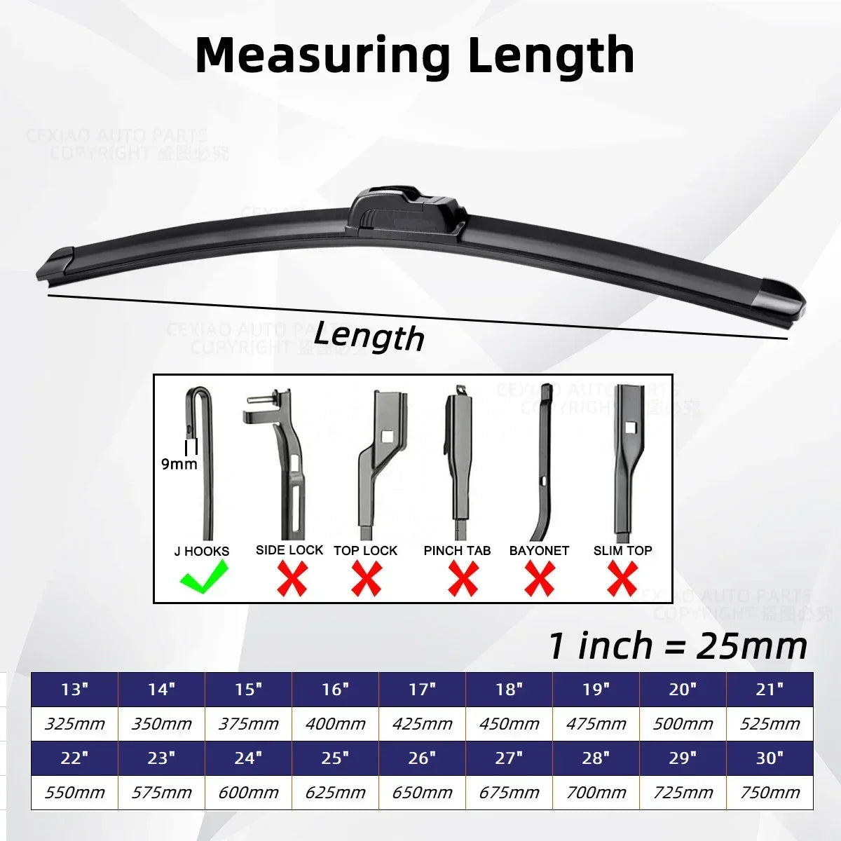 Car Wiper Blades J Hook – Soft Rubber Windscreen Wipers, 13" 18“ 19" 20" 21" 22" 24" 26" Sizes for Automobiles