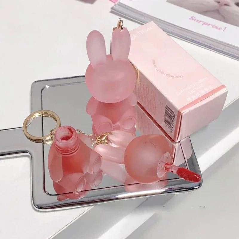 Summer Cute Rabbit Matte Velvet Lip Glaze: Lovely Bunny Keychain Lip Mud Lipstick - Pink Red Lip Gloss Tint Cosmetic